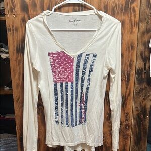 Chaps Cream Fitted Graphic Sequin Long Sleeve Tee